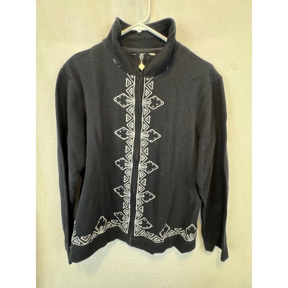Natural Impressions Cardigan Black Embroidered Full Zip Cotton Ribbed Sweater L